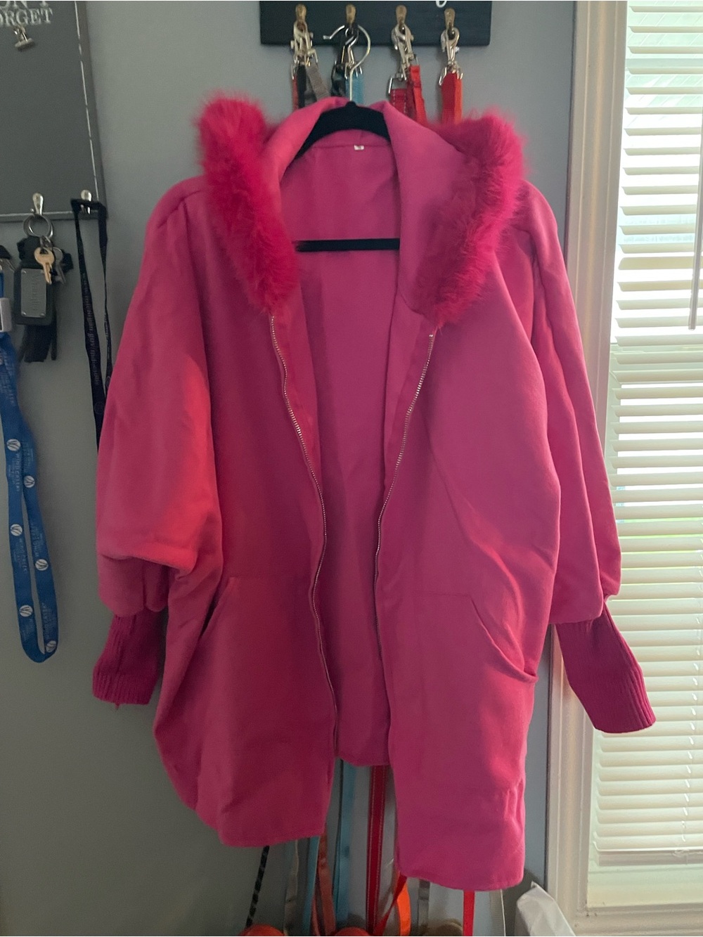 Women's Hot Pink Faux Fur Trim Hooded Coat